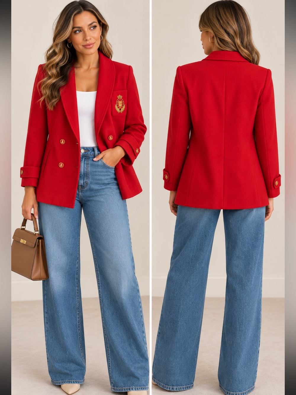 Vintage Chic Red Double-Breasted Women's Blazer Jacket with Crest